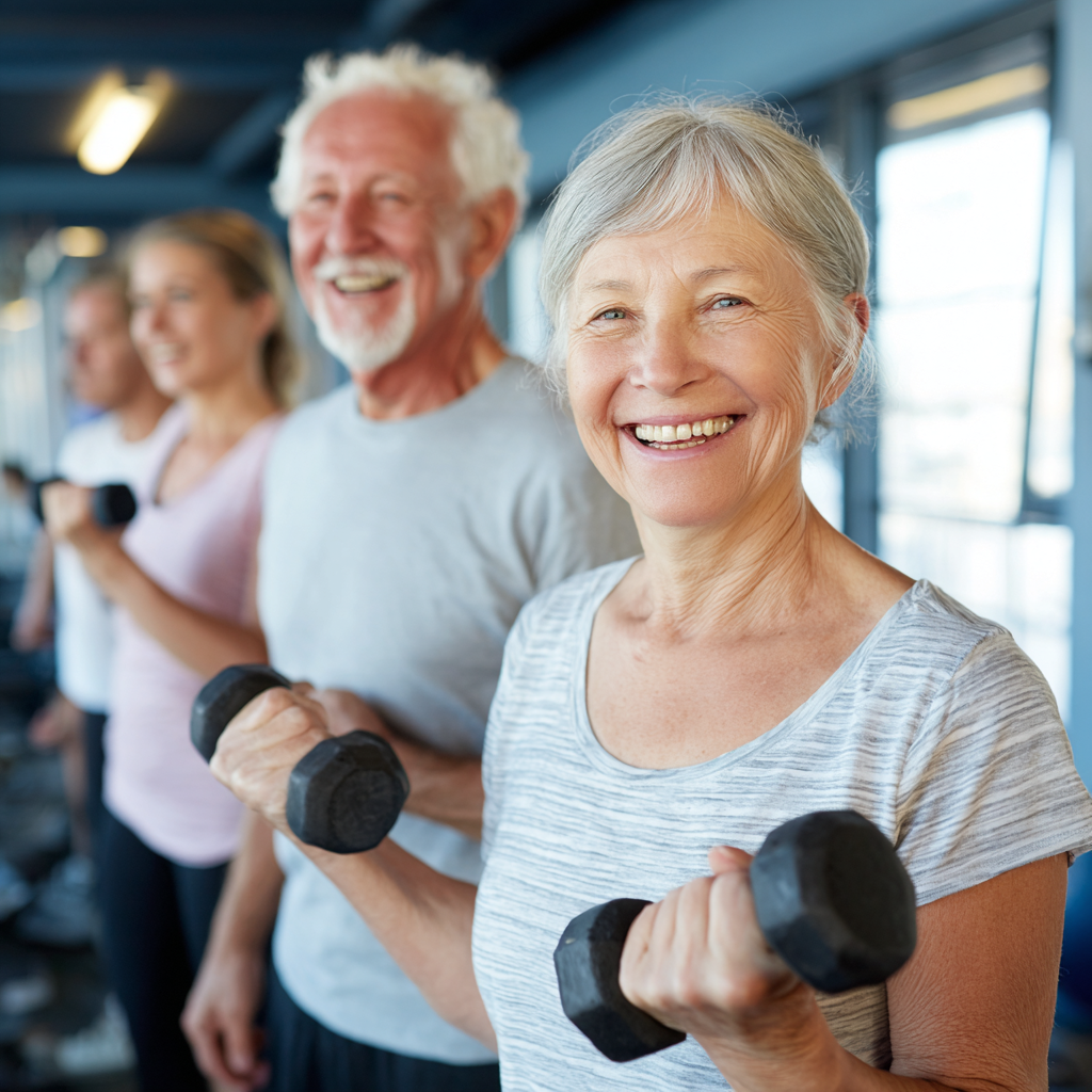 Active middle-aged and senior adults enjoying supervised fitness activities